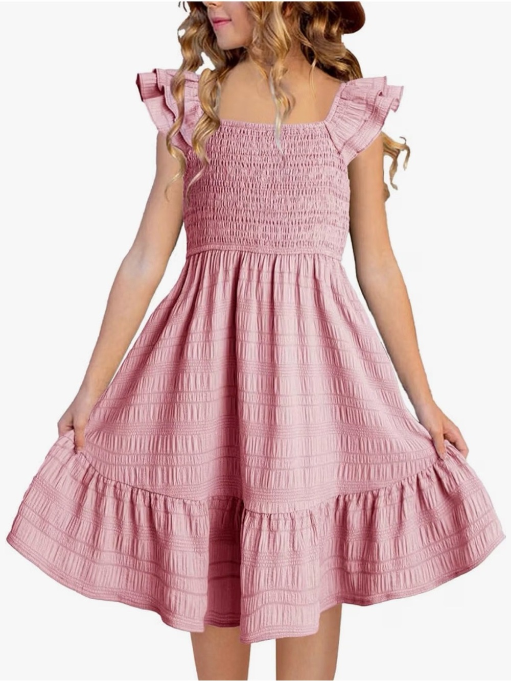 Girls Pink Smocked Ruffle Maxi Dress 12-13Y 2XL Flutter Sleeve Cottagecore